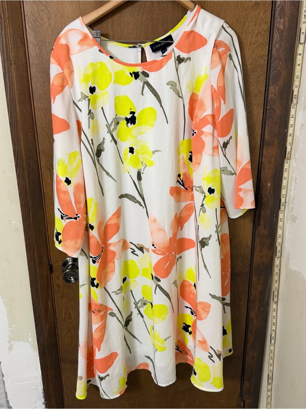 Lane Bryant 18/20 White Dress with Neon Yellow Trim and Coral Floral Pattern